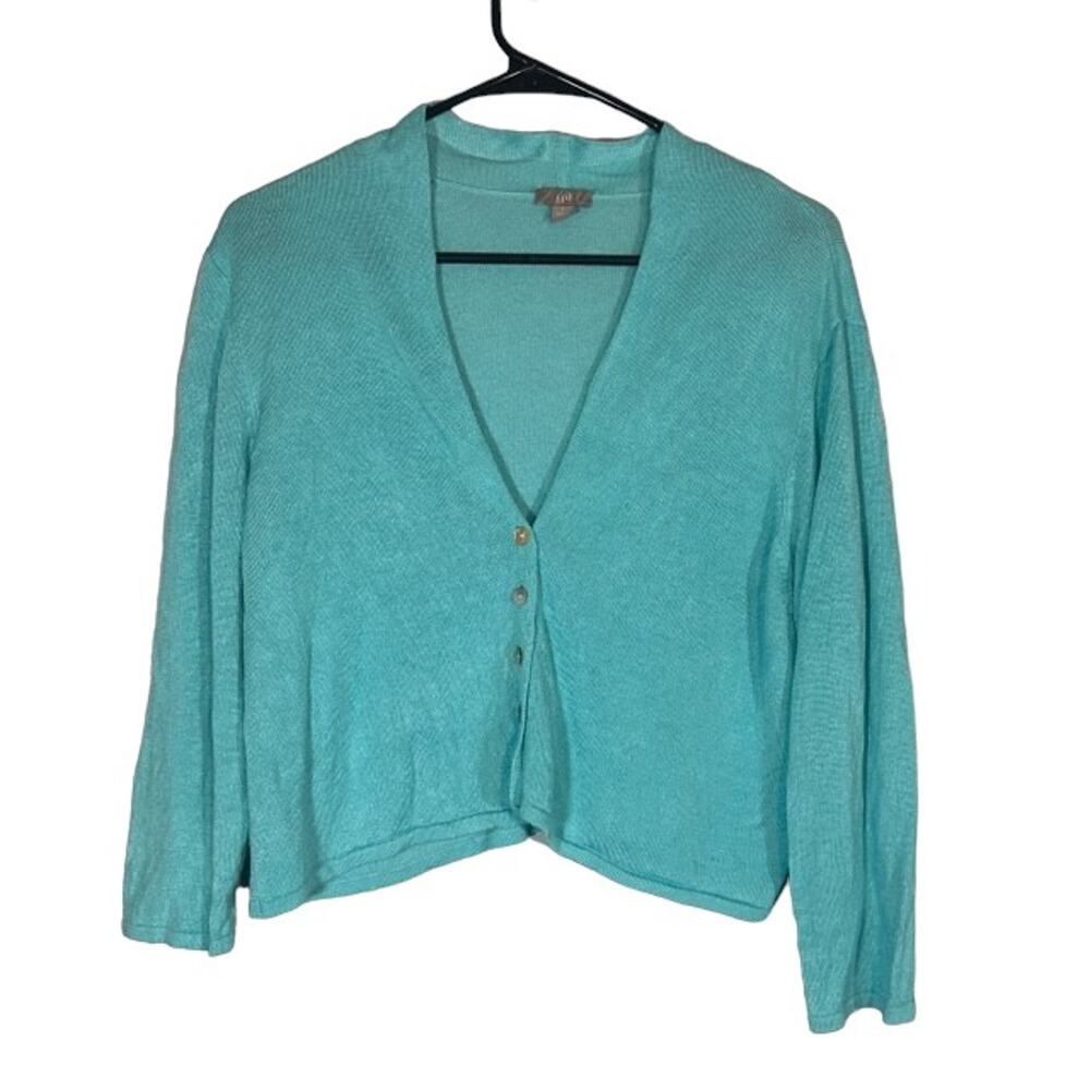 J. Jill WomensTeal Blue Linen Blend Long Sleeve Button Front Knit Sweater Sz Lg